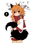  1girl animal_ears blush braid cowboy_shot cursor dog_ears dog_tail ear_wiggle eyebrows holding_own_tail hosomitimiti kirisame_marisa long_hair motion_lines orange_eyes orange_hair pants scarf shirt side_braid solo spiked_hair spoken_exclamation_mark surprised sweatdrop tail thick_eyebrows touhou white_background wide_sleeves 