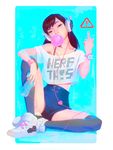  1girl artstation_sample bangle black_eyes black_legwear blue_background bracelet brown_hair bubble_blowing casual chromatic_aberration clothes_writing controller d.va_(overwatch) denim denim_shorts dualshock english expressive_clothes fingernails full_body game_controller gamepad head_tilt headset highres holding image_sample jason_chan jewelry kneehighs long_hair looking_at_viewer middle_finger midriff nail_polish nose off-shoulder_shirt overwatch pink_nails rounded_corners shirt shoes short_shorts shorts sitting solo spread_legs text_focus two-tone_background watch white_background wristwatch 