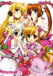  4girls blonde_hair blush brown_hair einhart_stratos fate_testarossa flower fujima_takuya green_hair hair_ornament hand_holding happy heterochromia long_hair looking_at_viewer lyrical_nanoha mahou_shoujo_lyrical_nanoha mahou_shoujo_lyrical_nanoha_vivid marriage multiple_girls official_art smile takamachi_nanoha very_long_hair vivio yuri 