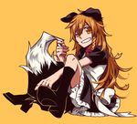  animal_ears blonde_hair bloomers blouse boots bow braid dog_ears dog_tail full_body grin hair_bow holding_own_tail hosomitimiti kirisame_marisa long_hair looking_at_viewer no_hat no_headwear side_braid sitting skirt smile socks solo tail touhou underwear yellow_background yellow_eyes 