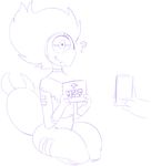  1_eye ? alien beak black_and_white cartoon_network cellphone centipeetle english_text gem_(species) hair humanoid monochrome monstrous_humanoid phone sign smile solo_focus steven_universe sunibee text thick_thighs unseen_character 