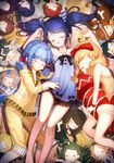  aeng_dyu blue_eyes blue_hair bow closed_eyes collarbone girl_sandwich hair_bow hair_ribbon highres long_hair lying multiple_girls on_back on_side original pajamas red_bow ribbon sandwiched short_hair sleeping smile striped striped_ribbon twintails 