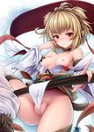  andira_(granblue_fantasy) animal_ears ariesu_watanabe blonde_hair breasts breasts_outside choker detached_sleeves erune granblue_fantasy hairband highres holding holding_staff index_finger_raised japanese_clothes kimono long_sleeves lying monkey_ears monkey_tail nipples on_back open_clothes open_kimono partially_visible_vulva red_eyes sash see-through short_hair small_breasts solo spread_legs staff tail teasing thighhighs two_side_up wedgie white_legwear wide_sleeves 