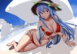  absurdres arm_support bare_legs bare_shoulders barefoot bikini black_hat blue_hair blue_sky blush breast_hold breasts cleavage cloud collarbone dark_skin day food fruit hanging_breasts hat highres hinanawi_tenshi large_breasts leaf long_hair looking_at_viewer lowleg lowleg_bikini lying navel neropaso open_clothes open_shirt peach red_bikini red_eyes shadow shirt short_sleeves sketch sky solo stomach sunlight swimsuit tan tanline text_focus thigh_gap touhou very_long_hair white_shirt 