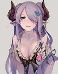  bare_shoulders bikini blue_eyes blush breasts cleavage draph earrings eyebrows eyebrows_visible_through_hair feeding food_on_body granblue_fantasy hair_ornament hair_over_one_eye heart holding horns jewelry large_breasts leaning_forward long_hair narmaya_(granblue_fantasy) open_mouth pointy_ears pov_feeding shaved_ice sidelocks simple_background solo spoon swimsuit walzrj white_bikini 