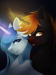  black_fur blonde_hair blue_eyes blue_hair duo equine eyebrows eyelashes fan_character female feral fur hair horn looking_at_viewer magic_user male mammal my_little_pony silentwulv simple_background smile unicorn white_fur yellow_eyes 