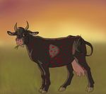  2015 black_fur bovine cattle digital_media_(artwork) eating female feral fur grass green_eyes hooves horn mammal quadruped rufciu side_view solo spots tail_tuft teats tuft udders 