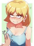  angry blonde_hair blush breast_grab breasts brown_eyes cleavage clenched_teeth collarbone covered_nipples earrings grabbing highres jcm2 jewelry large_breasts looking_up lori_loud makeup mascara no_bra solo_focus strap_slip sweat tank_top teeth the_loud_house trembling upper_body 