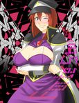  blue_eyes breasts character_name cleavage coat dress forte_stollen galaxy_angel grin hat large_breasts monocle one_eye_closed purple_dress red_hair shinku_p short_hair smile solo 