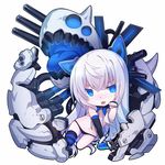  absurdly_long_hair animal_ears asymmetrical_gloves black_gloves black_panties blue_hair bottomless cannon chibi collar fake_animal_ears full_body gloves half_gloves jiang-ge kneeling long_hair looking_at_viewer machinery navel pachina_(zhan_jian_shao_nyu) panties paw_pose simple_background single_thighhigh solo spiked_collar spikes striped striped_legwear thighhighs tongue tongue_out underwear very_long_hair white_background white_hair white_skin zhan_jian_shao_nyu 