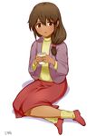  bad_id bad_pixiv_id brown_eyes brown_hair commentary_request cup dark_skin gundam hair_over_shoulder holding holding_cup legs long_hair long_skirt looking_at_viewer red_footwear shakti_kareen shoes signature sitting skirt solo victory_gundam yoshiwa_tomo 