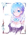  bad_id bad_pixiv_id bangs bare_shoulders blue_eyes blue_hair blush breasts cleavage closed_mouth detached_sleeves dress eyebrows_visible_through_hair face frills hair_ornament hair_over_one_eye hair_ribbon kyra looking_at_viewer maid maid_headdress medium_breasts re:zero_kara_hajimeru_isekai_seikatsu rem_(re:zero) ribbon short_hair simple_background smile solo upper_body white_background x_hair_ornament 