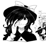  art_shift bow commentary dual_persona furukawa_(yomawari) greyscale hair_over_one_eye hat hat_bow looking_at_viewer maribel_hearn mob_cap monochrome multiple_girls open_mouth pointing smile sweat touhou translated triangle_mouth usami_renko 