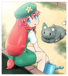  :3 adapted_costume beret blue_eyes blush_stickers border braid brick chen chen_(cat) earrings from_behind green_hat green_vest ground hat hong_meiling jewelry long_hair looking_at_another looking_at_viewer looking_back miniskirt nekomata open_mouth outdoors photo_(object) red_hair shirosato shirt short_sleeves sitting skirt skirt_set solo taut_skirt touhou twin_braids very_long_hair vest watering_can white_border white_shirt |_| 