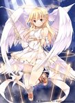  angel angel_wings anklet arm_ribbon arms_behind_back arrow ascendants_of_aetheros bike_shorts blonde_hair blue_eyes blush bow bow_(weapon) bushiroad circlet cloud copyright_name dress feathered_wings feathers flower full_body hair_flower hair_ornament halo halterneck head_wings jewelry knees_together_feet_apart light_rays long_hair multiple_wings open_mouth refeia ribbon sandals seraph sheer_legwear shorts shorts_under_dress side_slit single_thighhigh sky sleeveless smile solo star_(sky) sunbeam sunlight thigh_gap thighhighs trinity_valda weapon white_dress white_legwear wings 