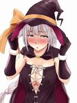  :o animal_ears blush bow breasts cape cleavage covering_ears cross-laced_clothes dress gloves hat hat_bow large_breasts long_hair low-tied_long_hair magekichi original pink_eyes silver_hair solo witch witch_hat 