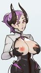  alternate_color alternate_costume alternate_hair_color breast_hold breasts breasts_outside demon_girl highres horns imp_mercy large_breasts looking_at_viewer mercy_(overwatch) nipples o3o one_eye_closed overwatch parted_lips purple_hair solo splashbrush upper_body 