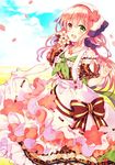  bonnet bow cherry_blossoms cowboy_shot dress dress_lift flower flower_knight_girl green_eyes hair_flower hair_ornament heterochromia houzuki_michiru jewelry long_hair looking_at_viewer necklace pink_hair red_eyes sakura_(flower_knight_girl) smile solo striped striped_bow 