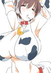  1girl animal_ears bell blush breasts brown_eyes brown_hair cow_costume cow_ears cow_girl huge_breasts idolmaster lips looking_at_viewer navel oikawa_shizuku open_mouth short_hair solo 