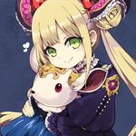  bangs black_dress blonde_hair blunt_bangs bow creature cu-sith double_bun dress eyebrows eyebrows_visible_through_hair frills green_eyes hair_bow hair_ornament heart holding hug long_hair looking_at_viewer luna_(shadowverse) puffy_sleeves red_bow red_eyes shadowverse sidelocks smile solo twintails upper_body 