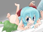  :d ase_(nigesapo) ass barefoot blue_eyes blue_hair cirno commentary_request daiyousei dimples_of_venus dress green_hair highres hip_bones hips lying multiple_girls naughty_face nude on_back on_stomach open_mouth sitting sitting_on_face sitting_on_person smile smother solo_focus the_pose touhou twitching yuri 