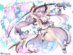  arms_up bikini blue_eyes breasts butterfly_ornament cleavage commentary_request double_bun draph earrings fire flame granblue_fantasy hair_over_one_eye hair_tie high_heels horns huge_weapon jewelry large_breasts long_hair narmaya_(granblue_fantasy) open_mouth oversized_object pink_hair pointy_ears sandals sarong seahorse seashell shell side-tie_bikini smile solo star star_earrings swimsuit thigh_strap tomoyohi twintails weapon white_bikini 