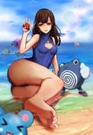  adapted_costume arm_at_side arm_support ass azurill bangs bare_shoulders barefoot beach bikini blue_bikini blue_sky blush blush_stickers breasts brown_eyes brown_hair cameltoe cleavage cleavage_cutout cloud cloudy_sky crossover d.va_(overwatch) day feet foreshortening gen_1_pokemon gen_3_pokemon hand_up highres holding holding_poke_ball lapras legs long_hair long_toenails looking_at_viewer lying meka_(overwatch) nail_polish ocean on_side one-piece_swimsuit one_eye_closed outdoors overwatch pantie_painting partially_submerged pink_lips pink_nails poke_ball poke_ball_print pokemon pokemon_(creature) poliwhirl skin_tight sky small_breasts smile soles solo swimsuit thighs thumbs_up toenail_polish toenails turtleneck v wading water waves whisker_markings 