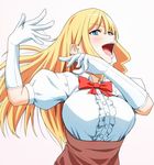  :d blonde_hair blue_eyes blush bow breasts frills gloves high-waist_skirt large_breasts long_hair magekichi ojou-sama_pose open_mouth original puffy_short_sleeves puffy_sleeves shirt short_sleeves simple_background skirt smile solo upper_body white_background white_gloves white_shirt 