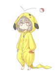  :&lt; animal_costume barefoot blush character_hood chibi commentary cosplay costume gen_1_pokemon grey_hair highres hood jewelry jitome looking_at_viewer nazrin nibi pendant pikachu pikachu_(cosplay) poke_ball pokemon pokemon_go silver_eyes simple_background solid_circle_eyes solo tail touhou 