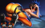  all_fours ass bad_artstation_id bad_id bodysuit breasts brown_hair cleavage from_behind goggles looking_at_viewer medium_breasts orange_bodysuit overwatch sideboob smile solo spiked_hair t.j._geisen tracer_(overwatch) 