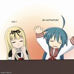  ahoge black_ribbon blonde_hair blue_hair commentary crossover english hair_ornament hair_ribbon izumi_konata kantai_collection long_hair lucky_star multiple_girls open_mouth poi ribbon rukotaro ryouou_school_uniform school_uniform serafuku yuudachi_(kantai_collection) 