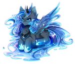  black_fur blue_eyes cutie_mark equine female feral friendship_is_magic fur hooves horn koveliana lying mammal my_little_pony princess_luna_(mlp) simple_background smile solo winged_unicorn wings 