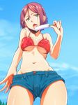  bikini_top breasts brown_hair covered_nipples cowboy_shot day denim denim_shorts dripping food from_below green_eyes magekichi medium_breasts open_mouth original popsicle short_hair short_shorts shorts sky solo tongue tongue_out underboob 