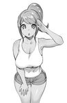  :o asahina_aoi banned_artist bare_shoulders breasts cleavage danganronpa denim denim_shorts detached_sleeves greyscale highres hips large_breasts long_hair looking_at_viewer monochrome parted_lips ponytail short_hair shorts simple_background solo tank_top thigh_gap thighs white_background yuzuha 