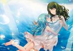  barefoot blue_hair braid breasts cleavage closed_eyes collarbone curly_hair dominura dress drill_hair green_hair holding_hands interlocked_fingers kiryuu_aoko long_hair medium_breasts multiple_girls rimone side_braid signature simoun soles tears underwear water_drop white_dress 