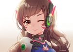  :3 ;) artist_name blush bodysuit brown_eyes brown_hair d.va_(overwatch) facepaint headphones long_hair looking_at_viewer one_eye_closed overwatch pink_lips runamochi simple_background smile smiley_face solo upper_body v-shaped_eyebrows whisker_markings white_background 