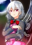  alternate_color braid dark_persona dress highres jacket kishin_sagume long_sleeves open_clothes open_jacket oshiaki purple_dress red_eyes short_hair silver_hair single_wing solo space touhou wings 