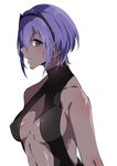 asakawa_(outeq) bangs bare_shoulders black_hairband blush breasts center_opening collarbone commentary_request dark_skin eyebrows eyebrows_visible_through_hair fate/grand_order fate/prototype fate/prototype:_fragments_of_blue_and_silver fate_(series) hair_between_eyes hairband hassan_of_serenity_(fate) leotard looking_at_viewer medium_breasts purple_eyes purple_hair short_hair sidelocks simple_background sleeveless solo upper_body white_background 