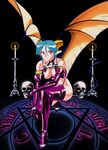  aqua_hair candlelight candlestand carrera demon_girl demon_tail demon_wings elbow_gloves expressionless gloves highres horns magic_circle no_pupils official_art pointy_ears red_eyes skull solo squatting succubus tail viper viper_gts wings 