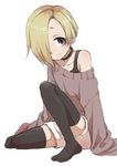  absurdres bare_shoulders black_legwear blonde_hair brown_eyes collar collarbone commentary earrings eyebrows flat_chest forehead hair_over_one_eye highres idolmaster idolmaster_cinderella_girls jewelry looking_at_viewer loose_clothes no_shoes off-shoulder_sweater shirasaka_koume shorts sleeves_past_fingers sleeves_past_wrists solo stud_earrings sweater thighhighs white_background yamamoto_souichirou 