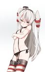  amatsukaze_(kantai_collection) bad_id bad_twitter_id bare_shoulders breasts brown_eyes choker cowboy_shot crossed_arms hair_tubes highres kantai_collection long_hair looking_at_viewer mitsudoue navel panties side-tie_swimsuit sideboob silver_hair simple_background small_breasts solo striped striped_legwear swimsuit two_side_up underwear white_background 