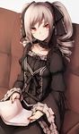  bad_id bad_twitter_id black_dress black_ribbon blush choker commentary couch dress drill_hair frilled_choker frills gothic_lolita hair_ribbon highres holding holding_paper idolmaster idolmaster_cinderella_girls inaba_sunimi juliet_sleeves kanzaki_ranko lolita_fashion long_sleeves looking_at_viewer paper puffy_sleeves red_eyes ribbon silver_hair sitting smile solo twin_drills twintails wide_sleeves 
