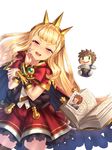  1girl bangs black_legwear blonde_hair blush book bracelet bracer brown_hair cagliostro_(granblue_fantasy) cape character_doll chibi commentary_request crown finger_gun gran_(granblue_fantasy) granblue_fantasy highres jewelry long_hair looking_at_viewer open_book photo_(object) purple_eyes sidelocks simple_background sweatdrop thighhighs white_background yapo_(croquis_side) 