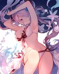  alternate_costume armpits arms_behind_head arms_up ass_visible_through_thighs bare_shoulders bikini blue_eyes braid breasts demon_horns draph front-tie_top granblue_fantasy hair_ornament hair_over_one_eye hair_ribbon horns knee_up large_breasts lavender_hair long_hair looking_at_viewer low_twintails narmaya_(granblue_fantasy) navel pekoo_(pekota) pointy_ears ribbon single_braid smile solo stomach swimsuit thigh_strap twintails white_bikini 