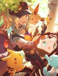  baseball_cap bicycle blonde_hair blue_eyes cellphone choker eevee female_protagonist_(pokemon_go) gen_1_pokemon gengar gloves ground_vehicle hat horsea jigglypuff long_hair open_mouth phone pikachu pokemon pokemon_(creature) pokemon_go ponytail smartphone smile taroji 