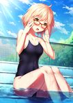  adjusting_eyewear ahoge bangs bare_arms bare_legs black_swimsuit blue_sky blush breasts cloud collarbone competition_school_swimsuit covered_navel day embarrassed eyebrows eyebrows_visible_through_hair eyelashes fence fingernails glasses highres kuriyama_mirai kyoukai_no_kanata long_fingernails looking_at_viewer medium_breasts one-piece_swimsuit open_mouth outdoors partially_submerged pink_hair pool red-framed_eyewear shade short_hair sitting sitting_on_stairs skin_tight sky solo stairs sunlight sweat swimsuit tree water wet yellow_eyes yomono 