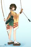  arrow back bow_(weapon) breasts brown_eyes brown_hair flight_deck geta hakama_skirt highres hiryuu_(kantai_collection) japanese_clothes kantai_collection large_breasts one_side_up quiver short_hair shunjitsu_(gondowana) solo twitter_username weapon wide_sleeves 