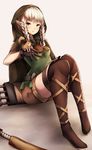  :o animal animal_on_hand belt black_gloves blush boots braid brown_eyes brown_footwear brown_legwear cloak dragon's_crown elf elf_(dragon's_crown) full_body gloves highres hood inaba_sunimi knees_up looking_at_viewer parted_lips pointy_ears quiver short_hair shorts sidelocks silver_hair sitting solo squirrel thigh_boots thighhighs twin_braids 