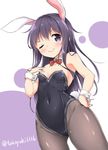  :&gt; akatsuki_(kantai_collection) animal_ears bare_shoulders bow bowtie breasts bunny_day bunny_ears bunny_girl bunny_tail bunnysuit closed_mouth commentary_request covered_navel detached_collar doyagao hand_on_hip hand_on_own_chest ichininmae_no_lady kantai_collection kemonomimi_mode long_hair looking_at_viewer one_eye_closed pantyhose purple_eyes purple_hair red_bow small_breasts smile solo standing tail takoyaki_(takoyaki-batake) twitter_username wrist_cuffs 
