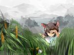  alternate_hair_color animal_ears bishamonten's_pagoda brown_hair capelet cattail chidori_nekoro expressionless fog glowing grass grey_sky half-closed_eyes looking_down mouse_ears nazrin plant red_eyes searching short_hair solo touhou water 